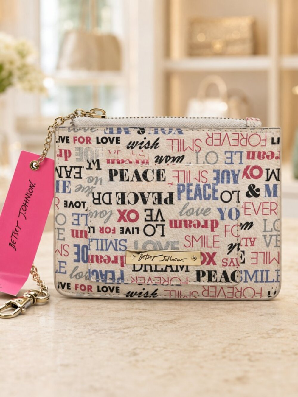 Betsey Johnson Multicolor Word Print Zip Card Holder Keychain Wallet NWT